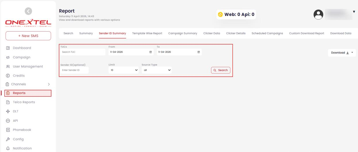 Sender ID Summary tab with TUC, date range, sender ID, limit and source type filters