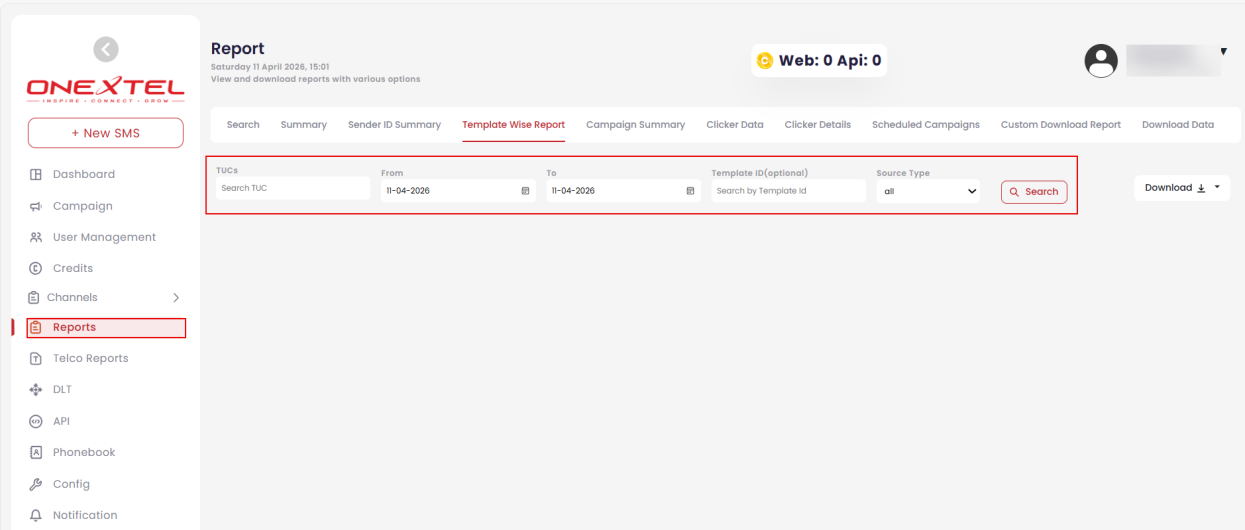 Template Wise Report tab with TUC, date range, template ID and source type filters