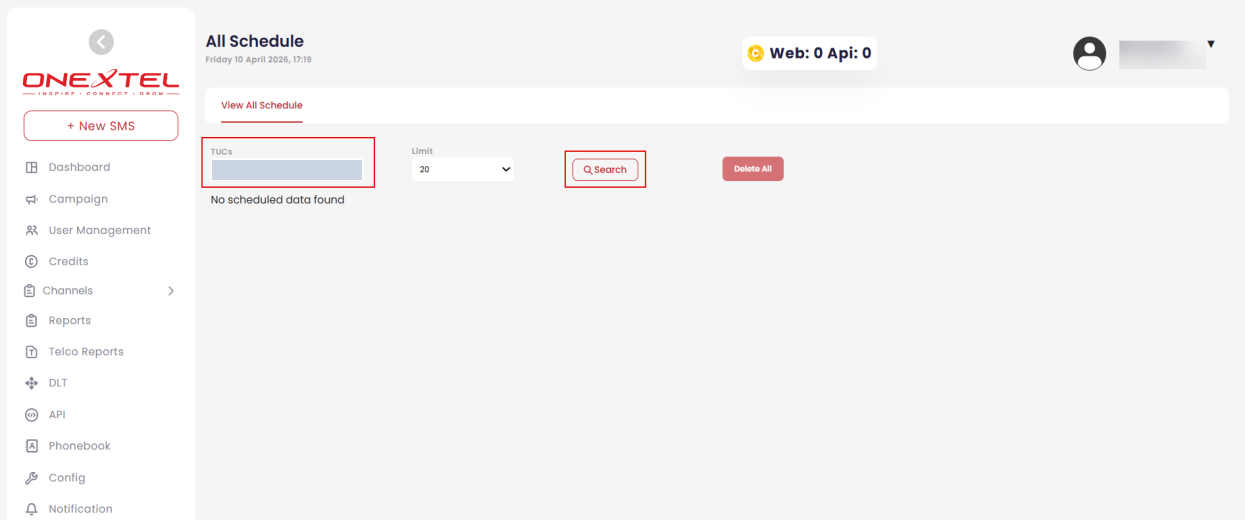 All Schedule tab with account selector, limit, Search and Delete All