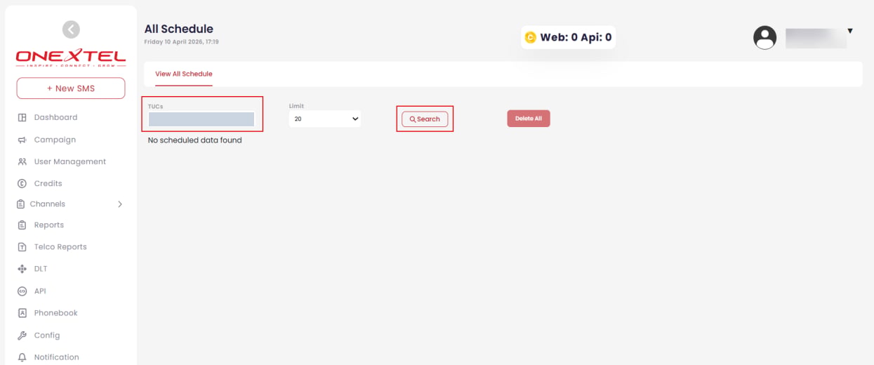 All Schedule tab with account selector, limit, Search and Delete All