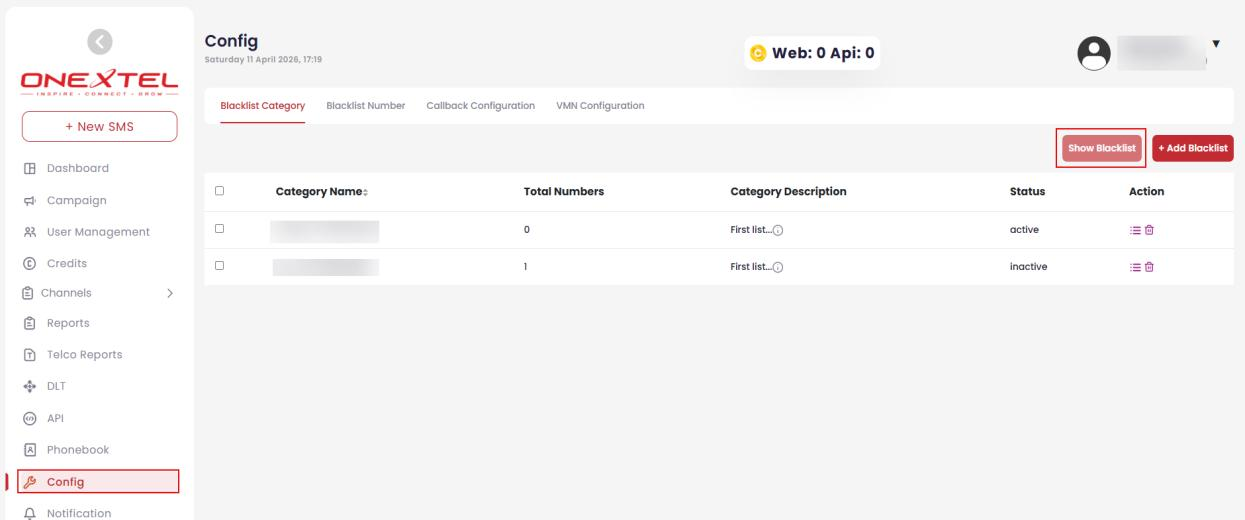 Config Blacklist Category tab listing categories with total numbers, description and status