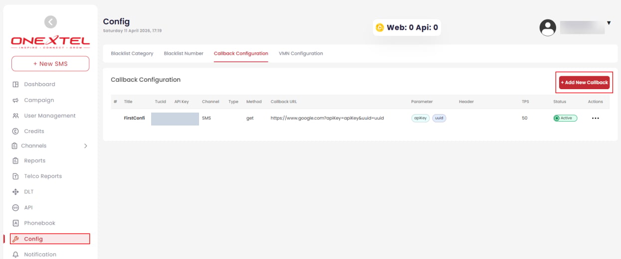 Callback Configuration tab listing a callback with channel, method, URL, parameters, TPS and status