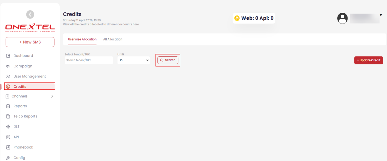 Credits page on the Userwise Allocation tab with TUC search, limit and Update Credit button