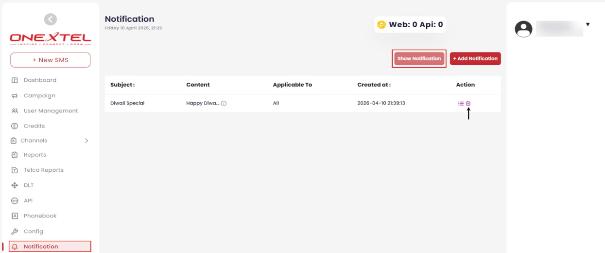Notification list showing subject, content, applicable accounts and creation time