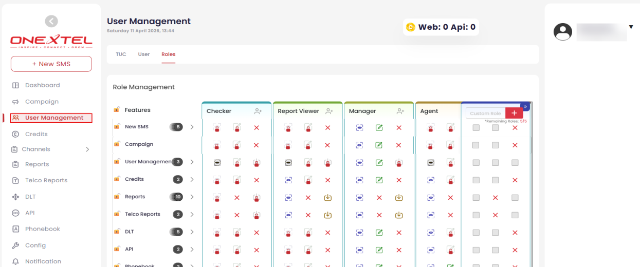Role Management matrix showing view, edit and download permissions per feature for each role
