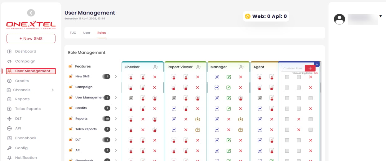 Role Management matrix showing view, edit and download permissions per feature for each role
