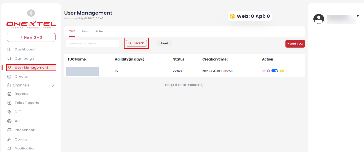 User Management TUC tab listing TUC name, validity, status and creation time