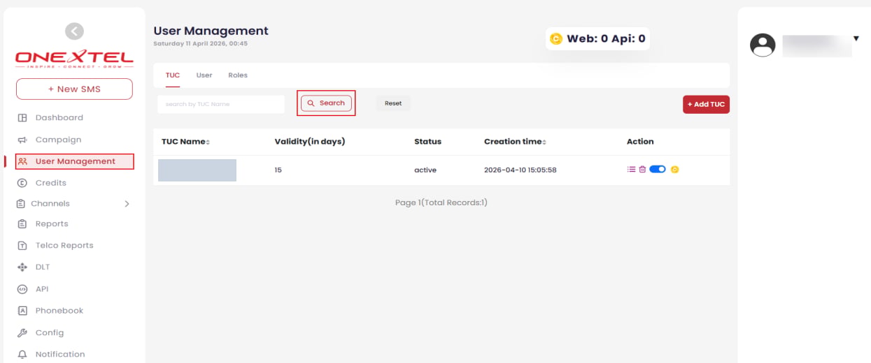 User Management TUC tab listing TUC name, validity, status and creation time