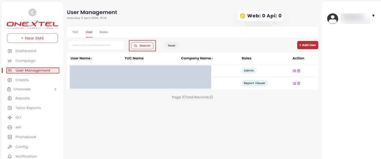 User Management User tab listing users with their TUC, company and assigned role