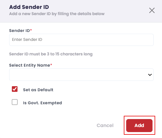 Add Sender ID dialog with Sender ID field, Entity Name selector, and Set as Default and Is Govt. Exempted options