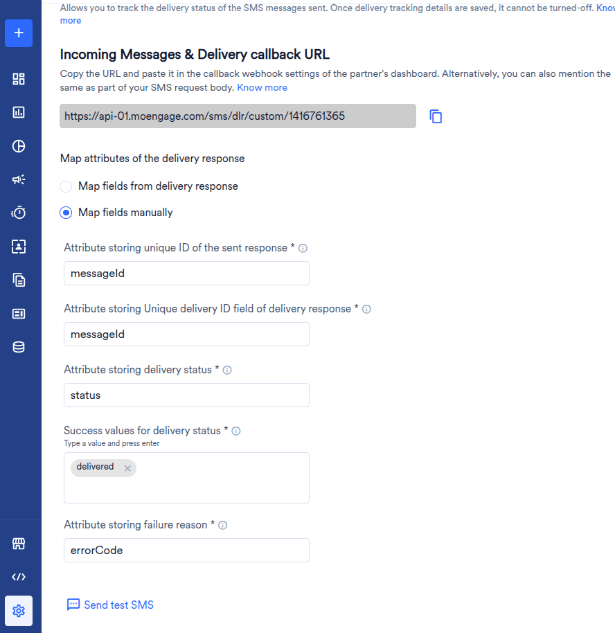 MoEngage SMS provider delivery tracking step with the Incoming Messages and Delivery callback URL, Map fields manually selected, and the five attributes set to messageId, messageId, status, delivered and errorCode
