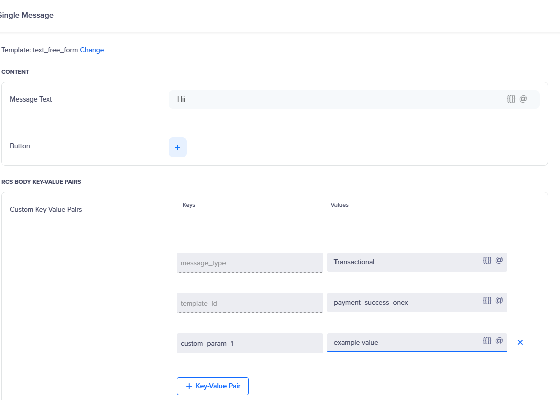 CleverTap campaign composer showing the RCS Body Key-Value Pairs section with message_type, template_id and a custom parameter