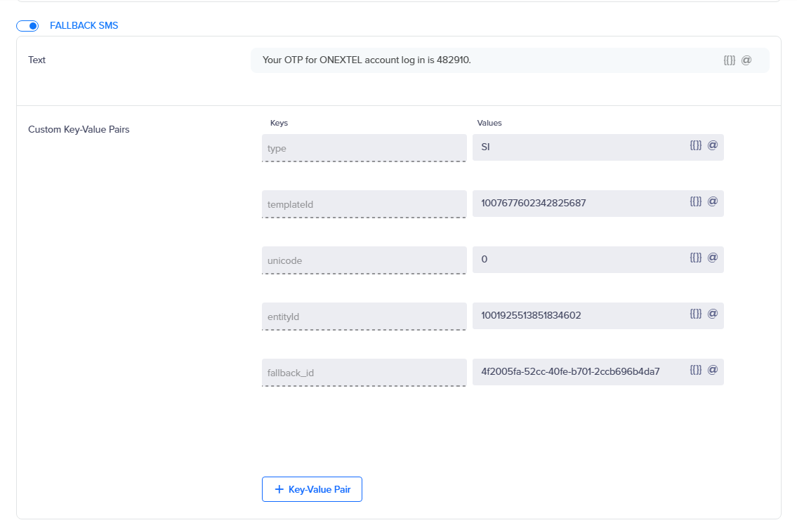 CleverTap Fallback SMS block with its text and the type, templateId, unicode, entityId and fallback_id key-value pairs