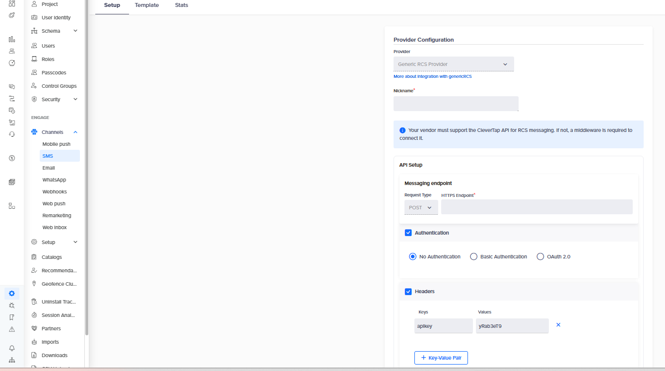 CleverTap Provider Configuration with Generic RCS Provider selected, the messaging endpoint, No Authentication, and an apikey header