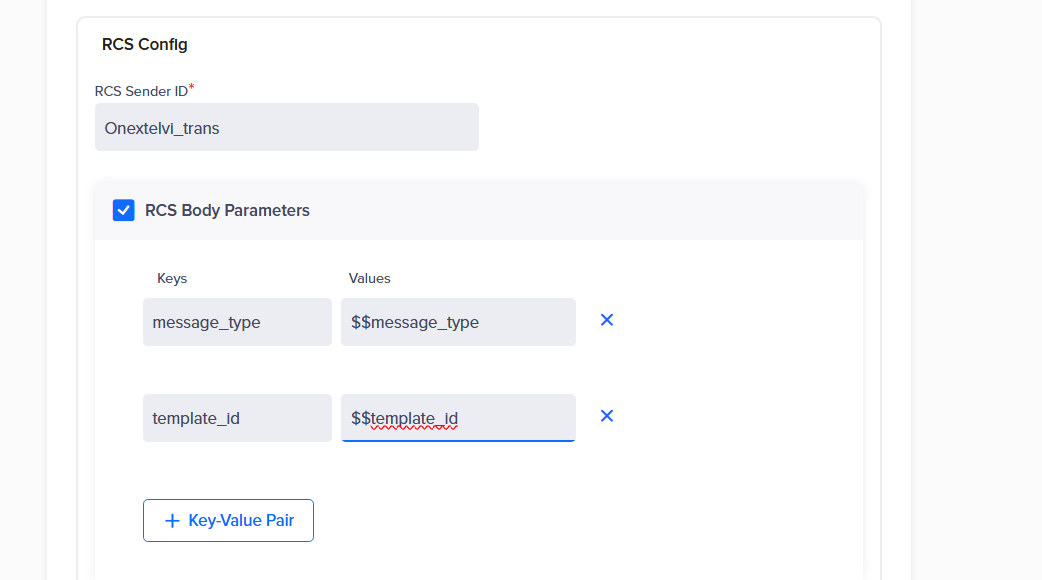 CleverTap RCS Config showing the RCS Sender ID and the message_type and template_id body parameters