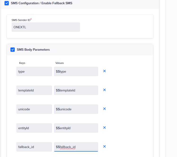 CleverTap SMS Configuration with Enable Fallback SMS on, the SMS Sender ID, and five SMS body parameters