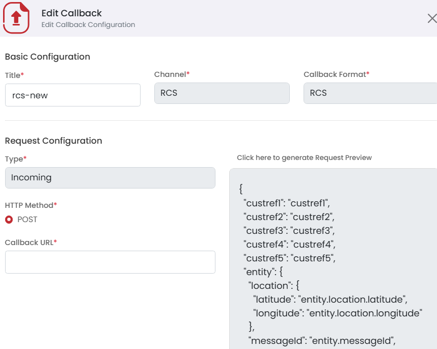 OneXtel Edit Callback screen with Type Incoming and the inbound request preview