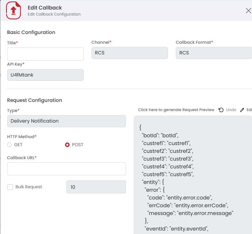 OneXtel Edit Callback screen with Channel RCS, Callback Format RCS, Type Delivery Notification and HTTP method POST