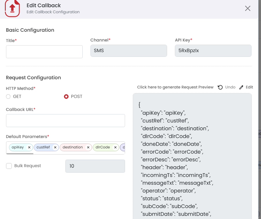 OneXtel Edit Callback screen with Channel SMS and the SMS delivery report default parameters