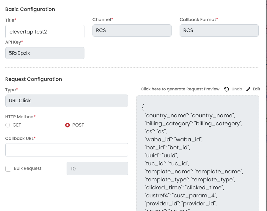 OneXtel Edit Callback screen with Type URL Click and the click event request preview