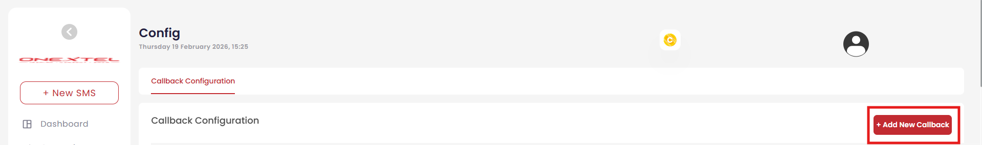 OneXtel Config page on the Callback Configuration tab with the Add New Callback button highlighted