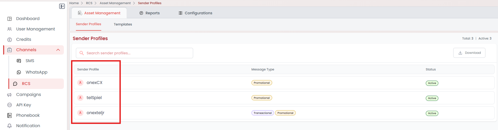OneXtel RCS Sender Profiles list showing each profile with its message type and status