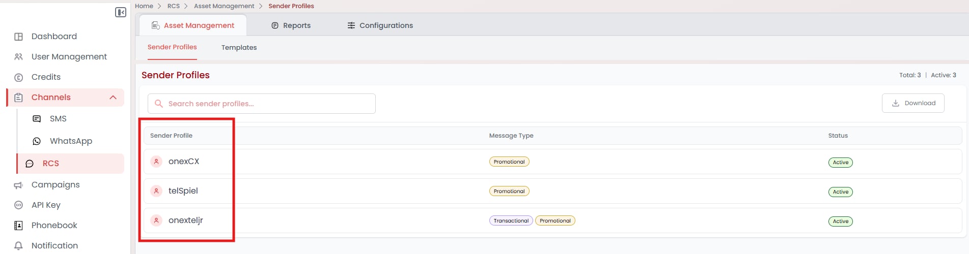OneXtel RCS Sender Profiles list showing each profile with its message type and status