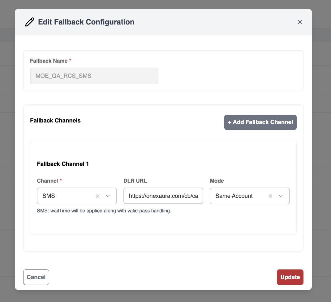 OneXtel Create Fallback Configuration dialog with a fallback name and one SMS fallback channel
