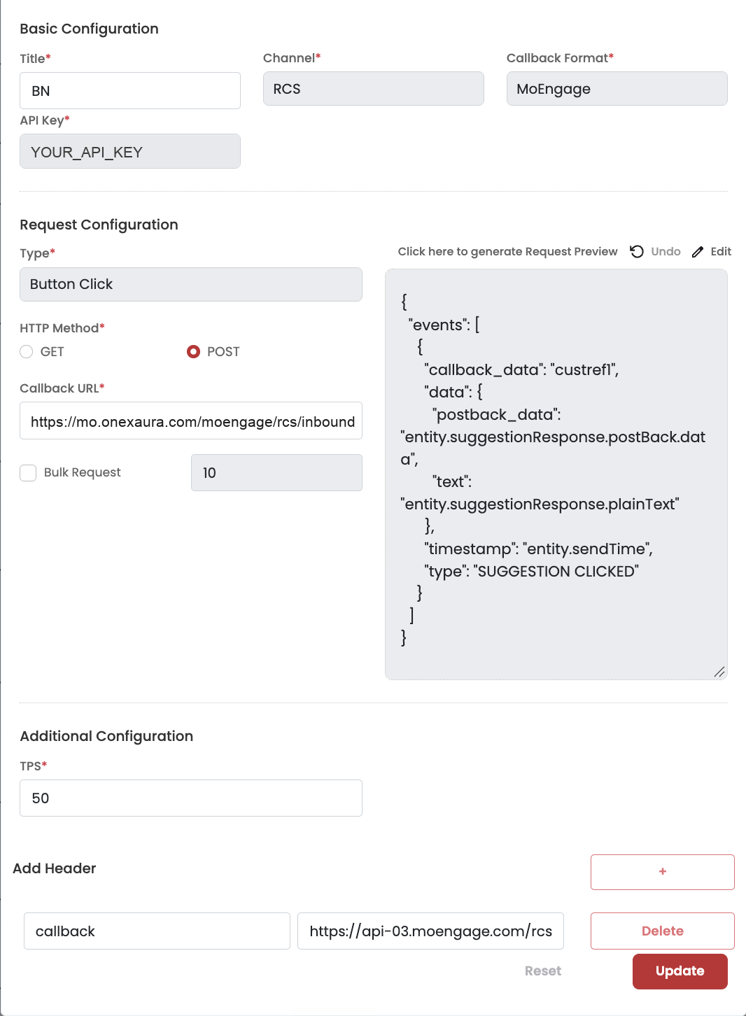 OneXtel Edit Callback screen with Type Button Click, the suggestion-clicked request preview, and a header row