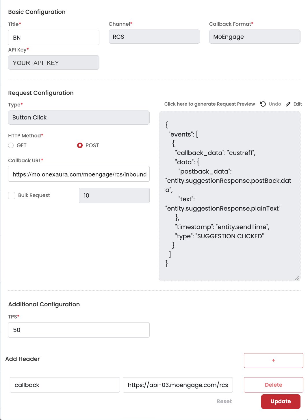 OneXtel Edit Callback screen with Type Button Click, the suggestion-clicked request preview, and a header row