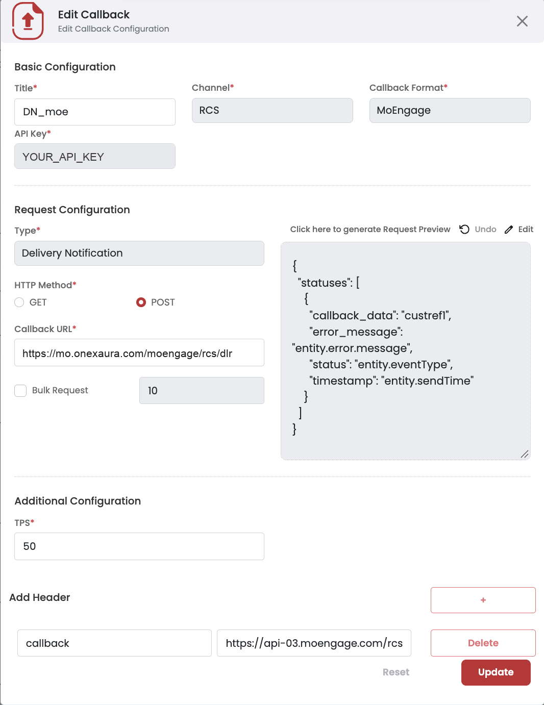 OneXtel Edit Callback screen with Channel RCS, Callback Format MoEngage, Type Delivery Notification, the connector rcs/dlr URL and a callback header