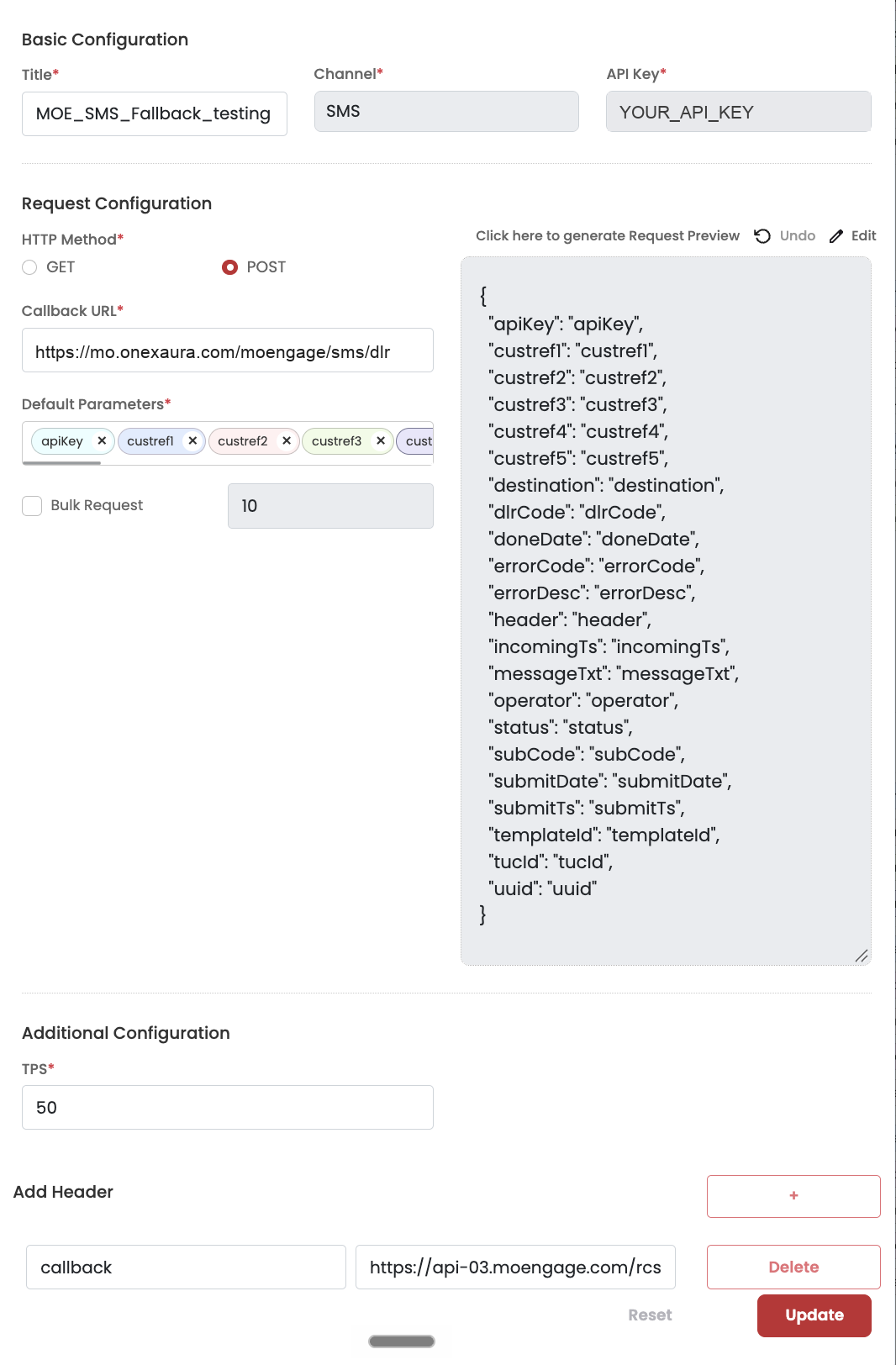 OneXtel Edit Callback screen with Channel SMS, the connector sms/dlr URL, default parameters including custref1, and a callback header