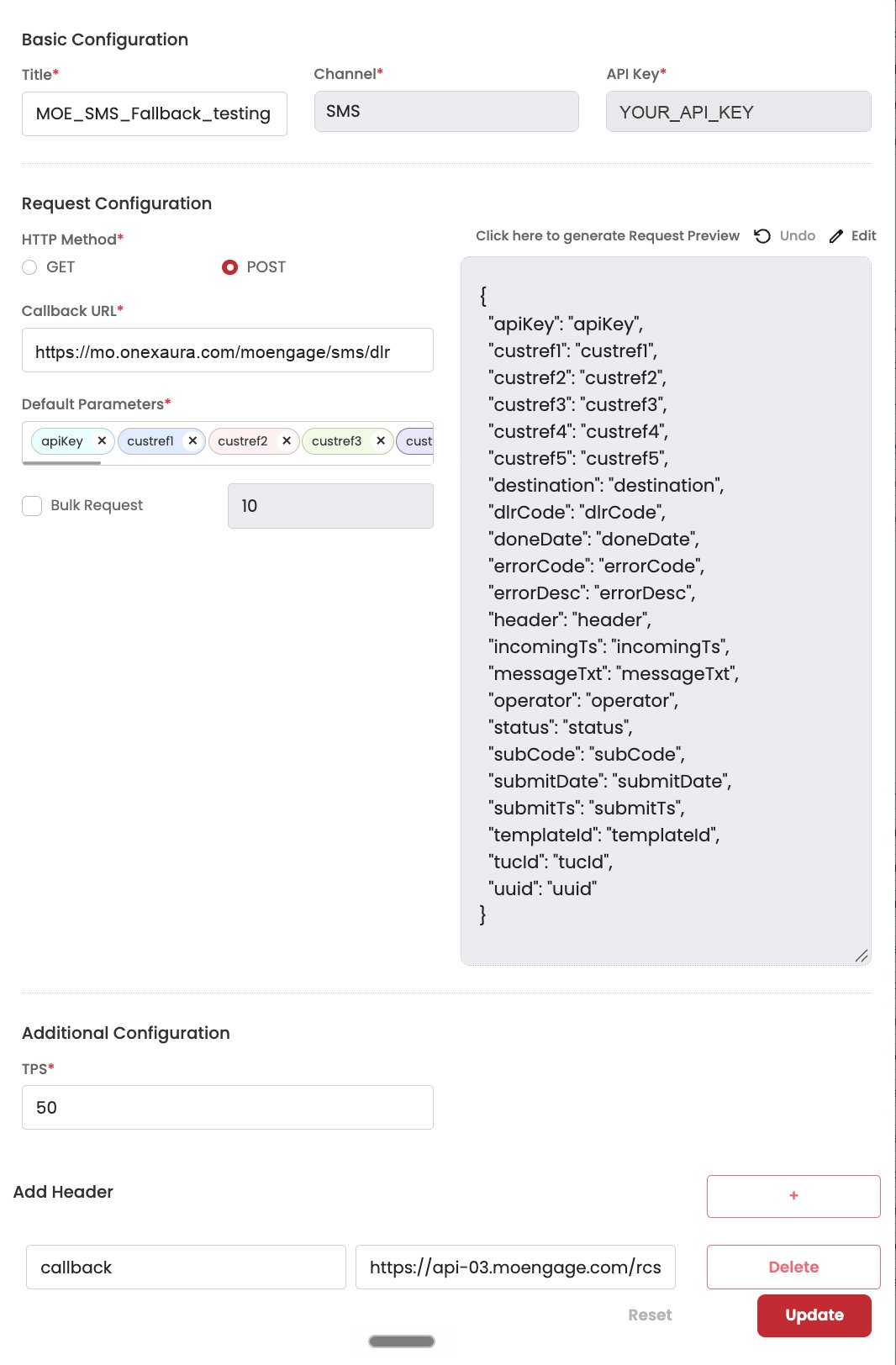 OneXtel Edit Callback screen with Channel SMS, the connector sms/dlr URL, default parameters including custref1, and a callback header