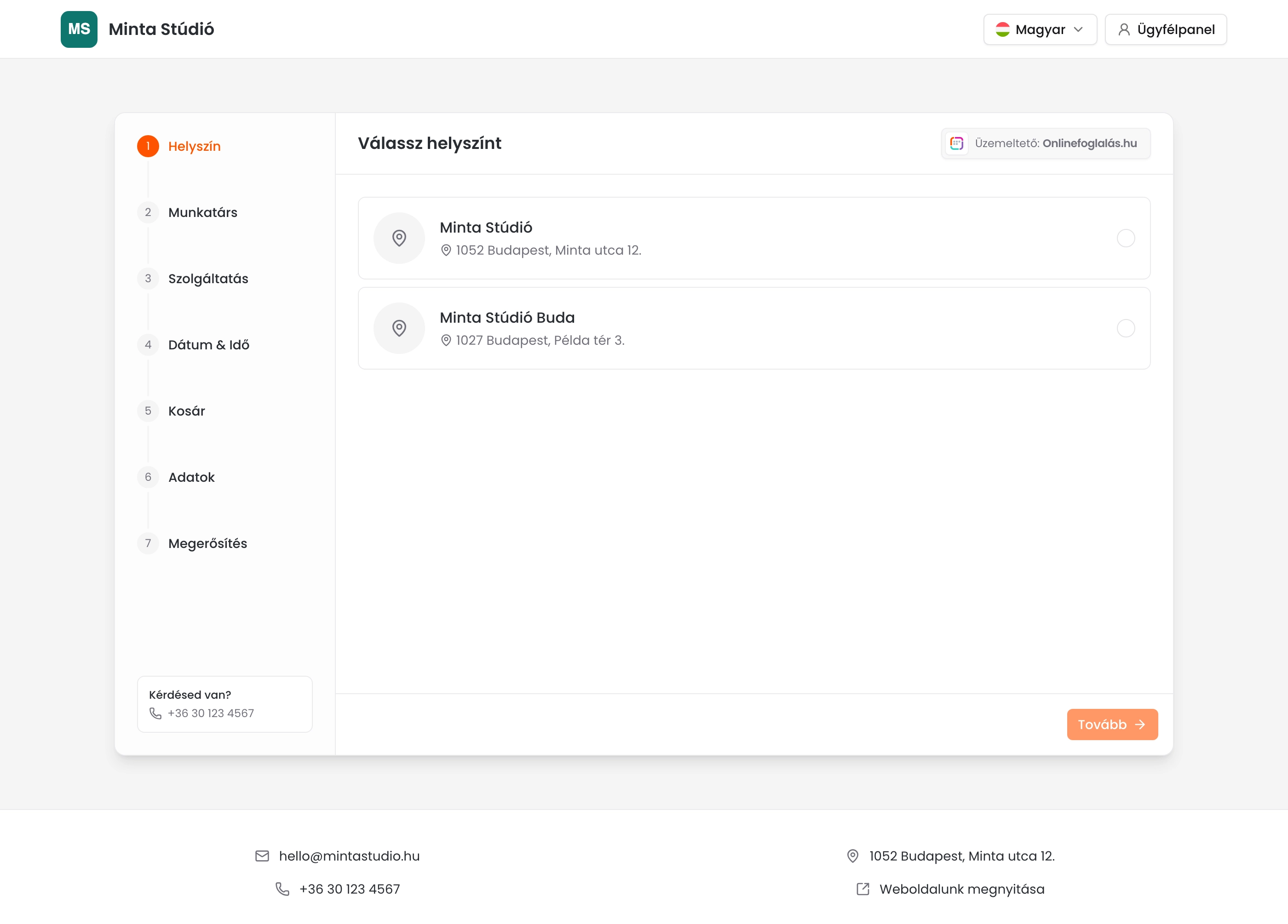 A foglaló oldal a tetején a logóval és a Minta Stúdió névvel, a Kérdésed van? dobozban a telefonszámmal, alul az e-mail címmel, a telefonszámmal, a címmel és a Weboldalunk megnyitása linkkel