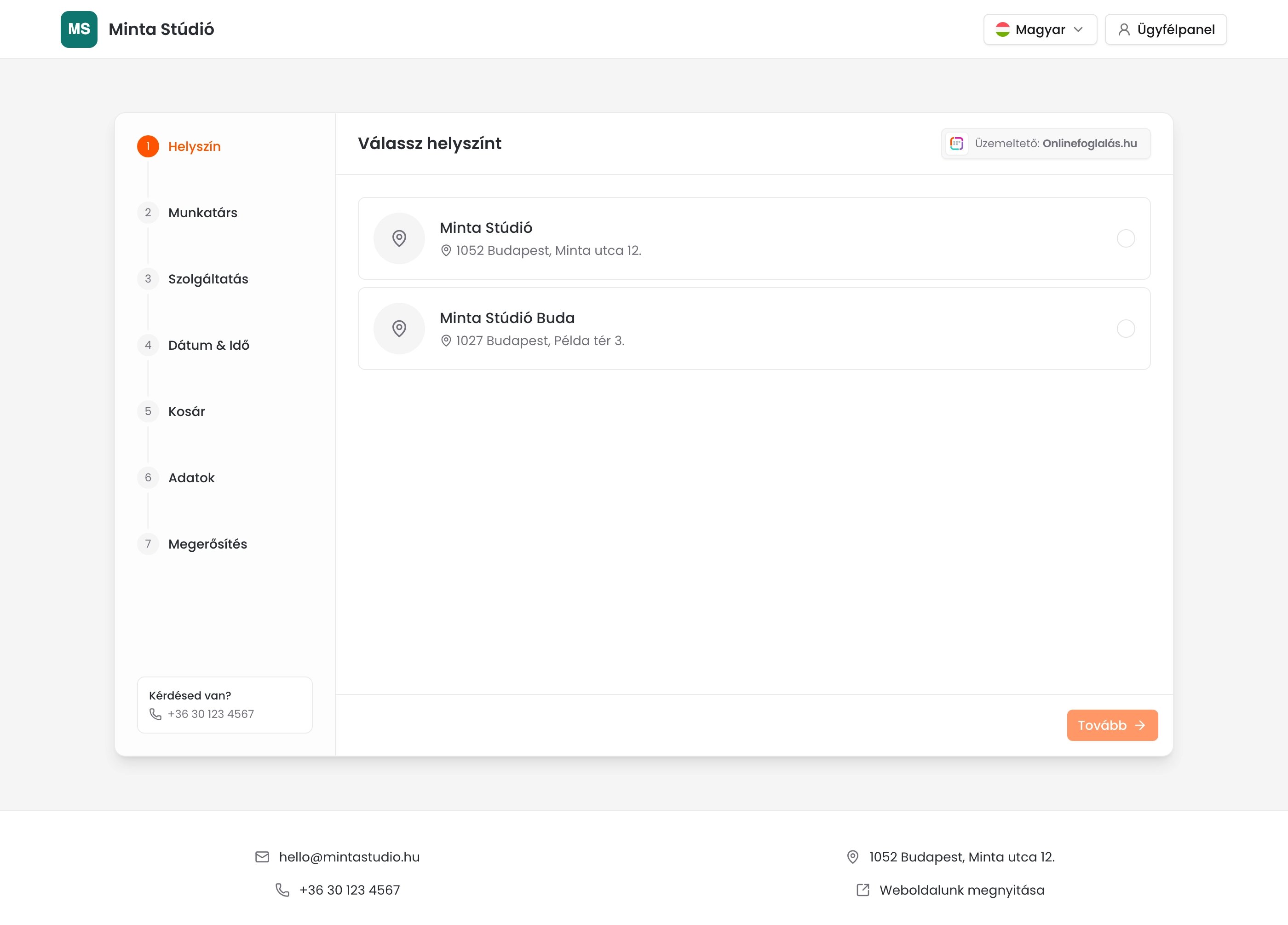 A foglaló oldal a tetején a logóval és a Minta Stúdió névvel, a Kérdésed van? dobozban a telefonszámmal, alul az e-mail címmel, a telefonszámmal, a címmel és a Weboldalunk megnyitása linkkel