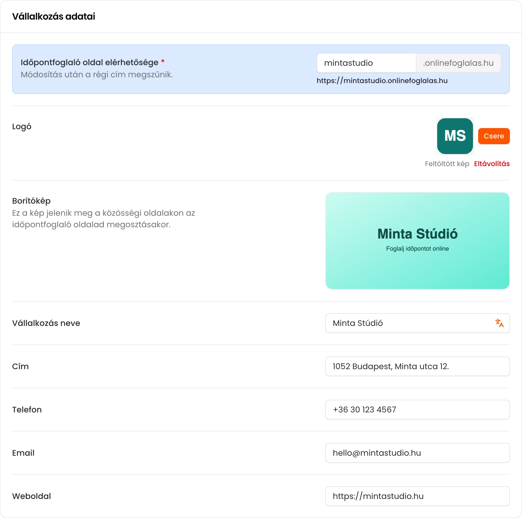 A Vállalkozás adatai kártya a foglaló oldal címével, a logóval, a borítóképpel, a vállalkozás nevével, címével, telefonszámával, e-mail címével és weboldalával