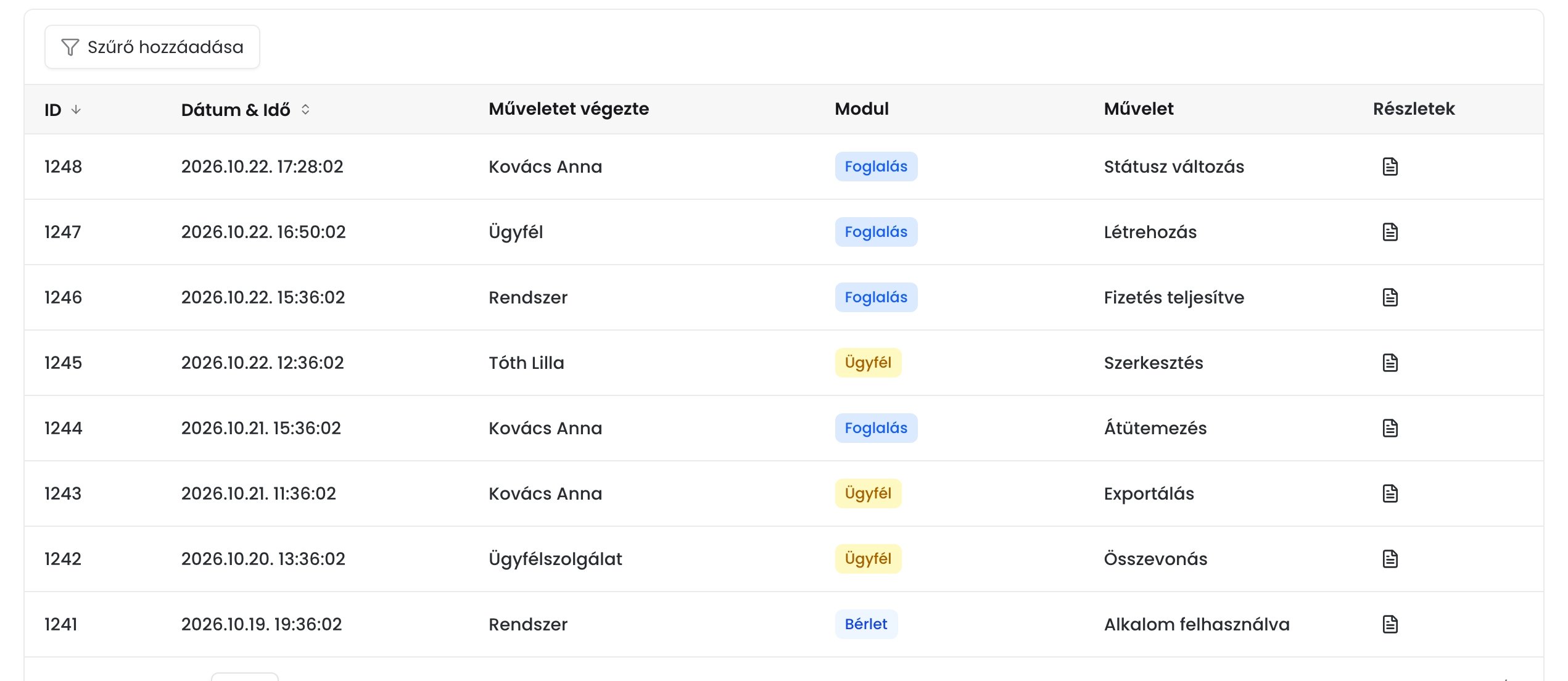 Az Eseménynapló listája az azonosítóval, a dátummal, a műveletet végző személlyel, a modullal, a művelettel és a részletek ikonnal