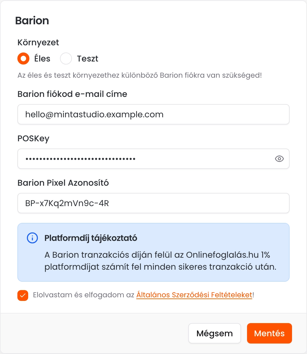 A Barion ablak az Éles környezettel, a Barion fiók e-mail címével, a POSKey és a Barion Pixel Azonosító mezővel, a platformdíj tájékoztatóval és az elfogadott feltételekkel
