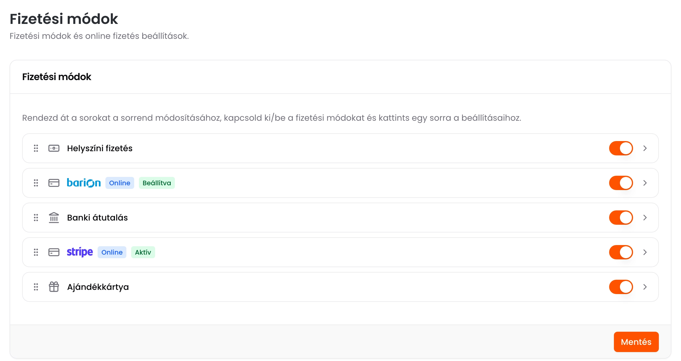 A Fizetési módok oldal a Helyszíni fizetés, a Barion, a Banki átutalás, a Stripe és az Ajándékkártya sorral, a Barion mellett Online és Beállítva jelöléssel