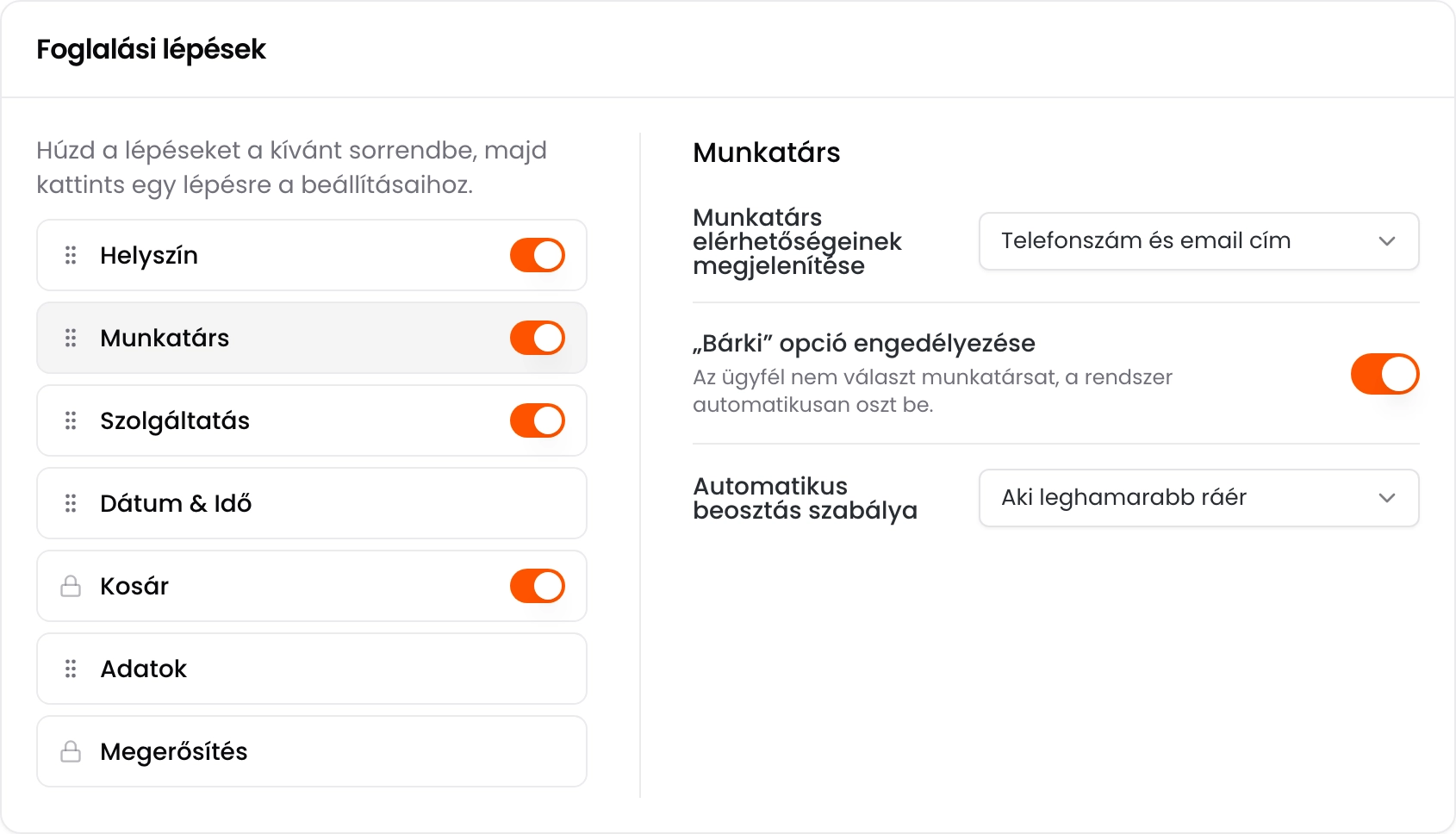 A Munkatárs lépés beállításai: elérhetőségek megjelenítése, Bárki opció engedélyezése és az automatikus beosztás szabálya