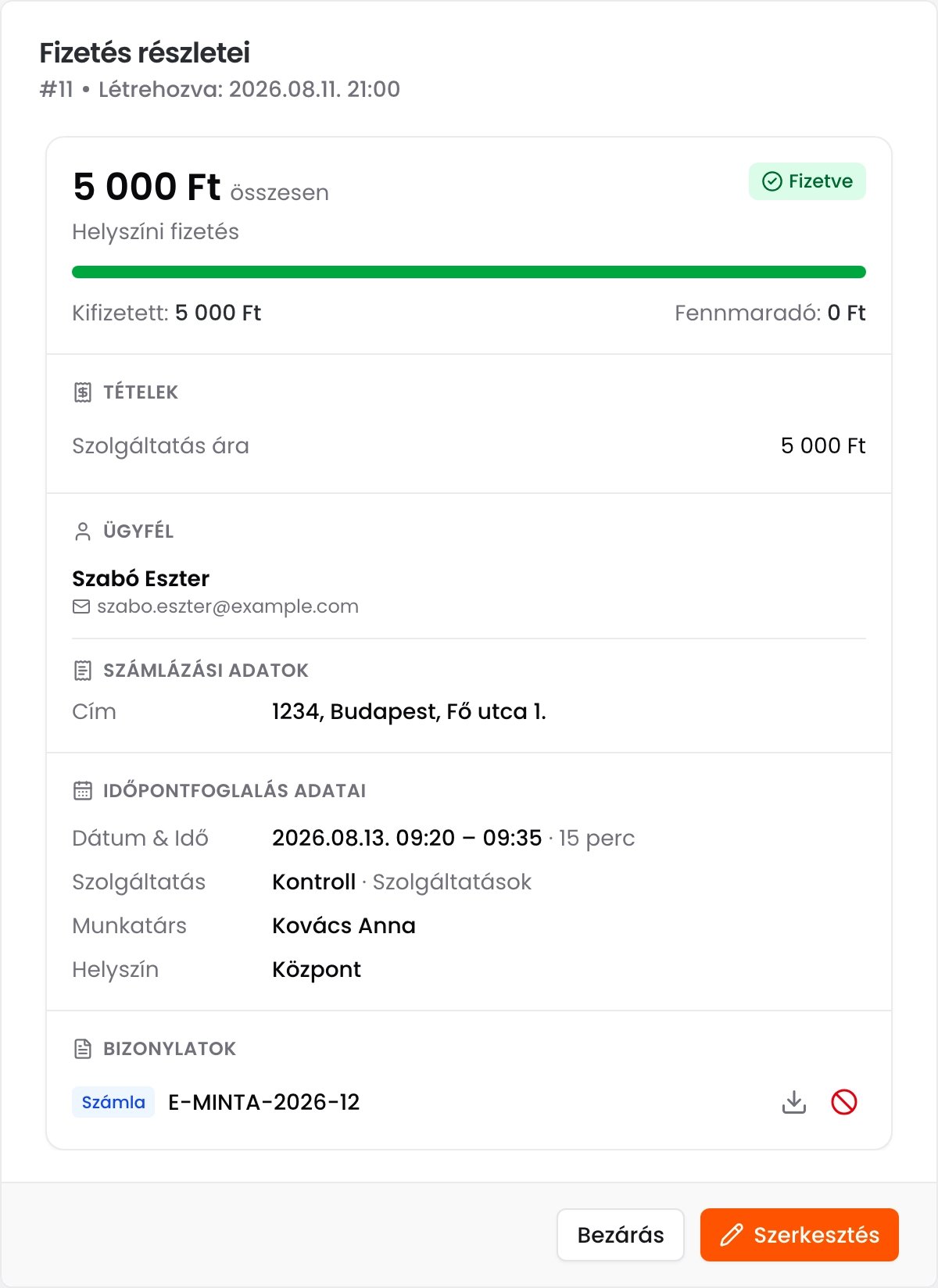 A Fizetés részletei ablak, alul a Bizonylatok résszel, egy kiállított számlával, a letöltés és a sztornó gombbal