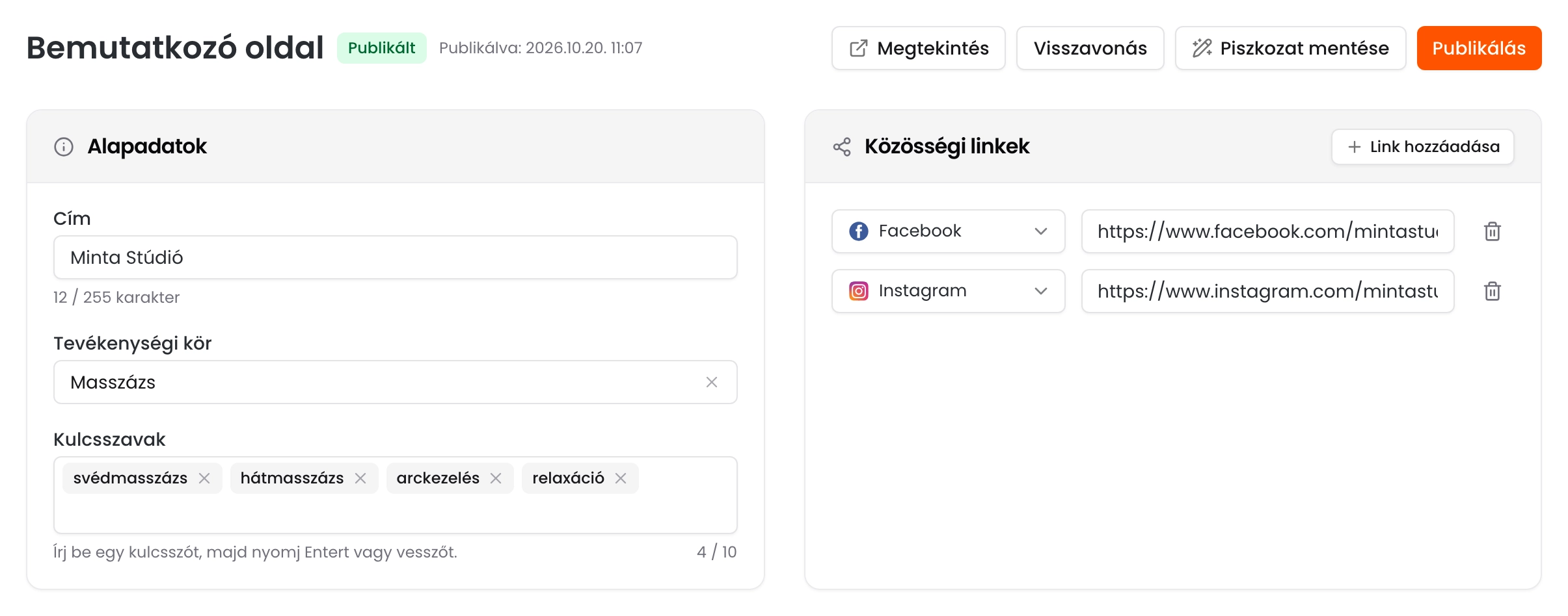 A Bemutatkozó oldal szerkesztője a Publikált jelzéssel, a Megtekintés, a Visszavonás, a Piszkozat mentése és a Publikálás gombbal, alatta az Alapadatok és a Közösségi linkek kártyával