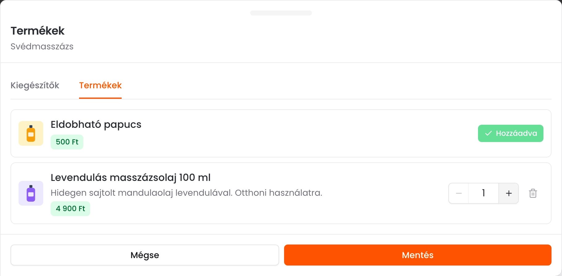 A foglaló oldal Termékek fülén az Eldobható papucs Hozzáadva állapotban, alatta a Levendulás masszázsolaj 100 ml egy darabbal kiválasztva