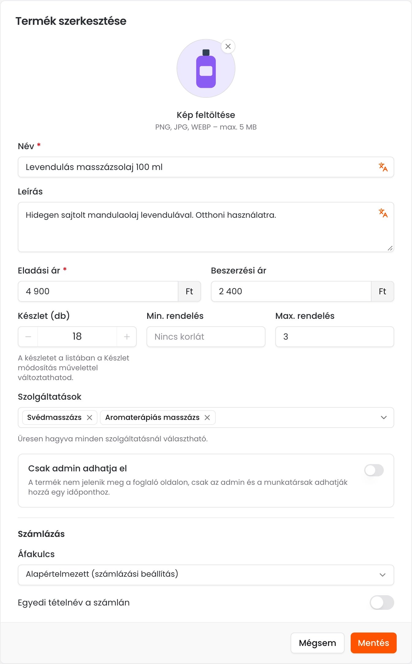 A Termék szerkesztése ablak a képpel, a névvel, a leírással, az eladási és beszerzési árral, a készlettel, a minimum és maximum rendeléssel, a szolgáltatásokkal, a Csak admin adhatja el kapcsolóval és a számlázási beállításokkal