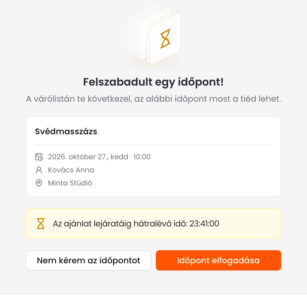 A Felszabadult egy időpont! oldal a szolgáltatással, az időponttal, a munkatárssal, a helyszínnel, az ajánlat lejáratáig hátralévő idővel, a Nem kérem az időpontot és az Időpont elfogadása gombbal