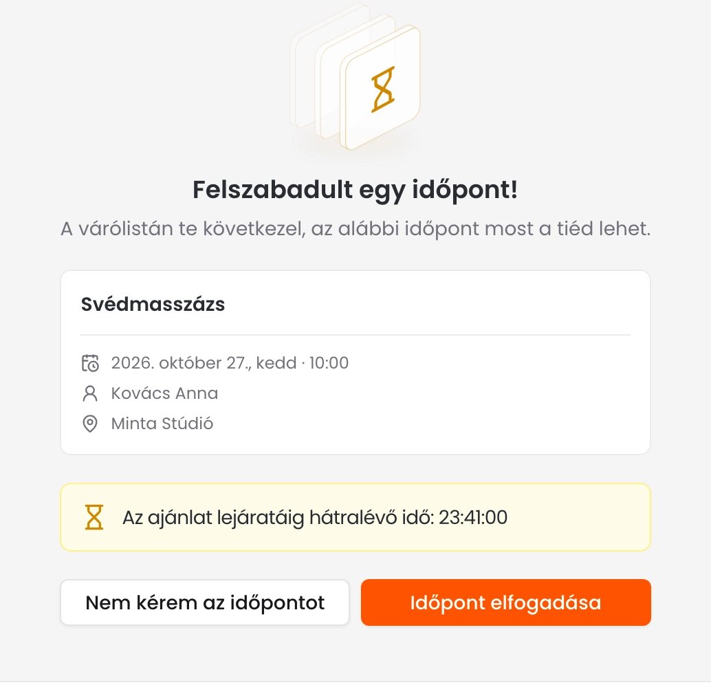A Felszabadult egy időpont! oldal a szolgáltatással, az időponttal, a munkatárssal, a helyszínnel, az ajánlat lejáratáig hátralévő idővel, a Nem kérem az időpontot és az Időpont elfogadása gombbal