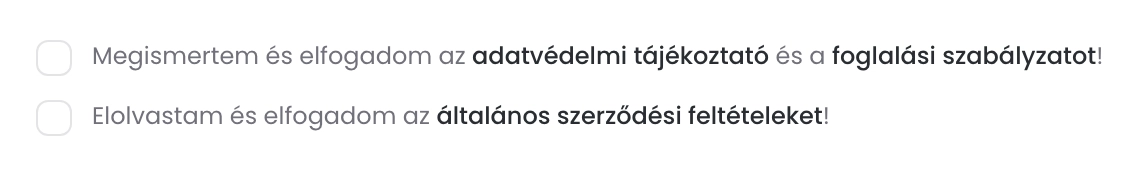 A Megerősítés lépés két jelölőnégyzete: az adatvédelmi tájékoztató és a foglalási szabályzat elfogadása, alatta az általános szerződési feltételek elfogadása