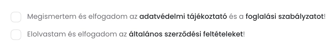 A Megerősítés lépés két jelölőnégyzete: az adatvédelmi tájékoztató és a foglalási szabályzat elfogadása, alatta az általános szerződési feltételek elfogadása