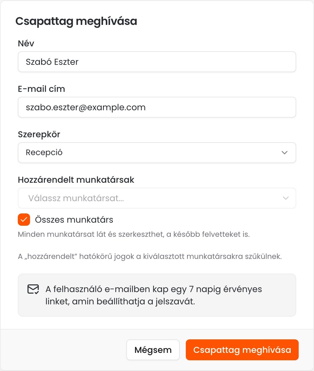 A Csapattag meghívása ablak kitöltött névvel, e-mail címmel, Recepció szerepkörrel és bejelölt Összes munkatárs opcióval