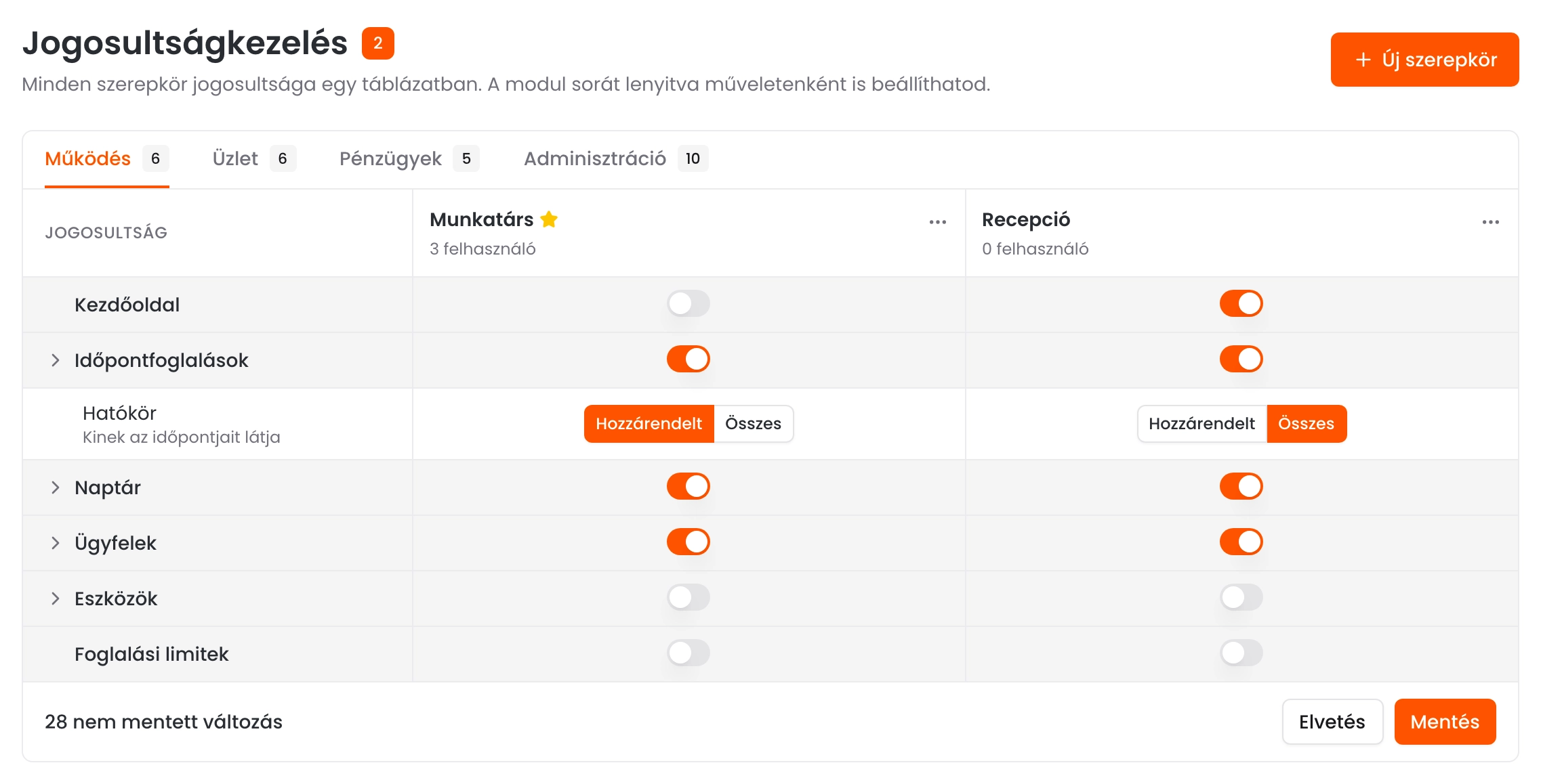 A Jogosultságkezelés oldal a Működés füllel, a Munkatárs és a Recepció szerepkör oszlopával és a modulonkénti kapcsolókkal